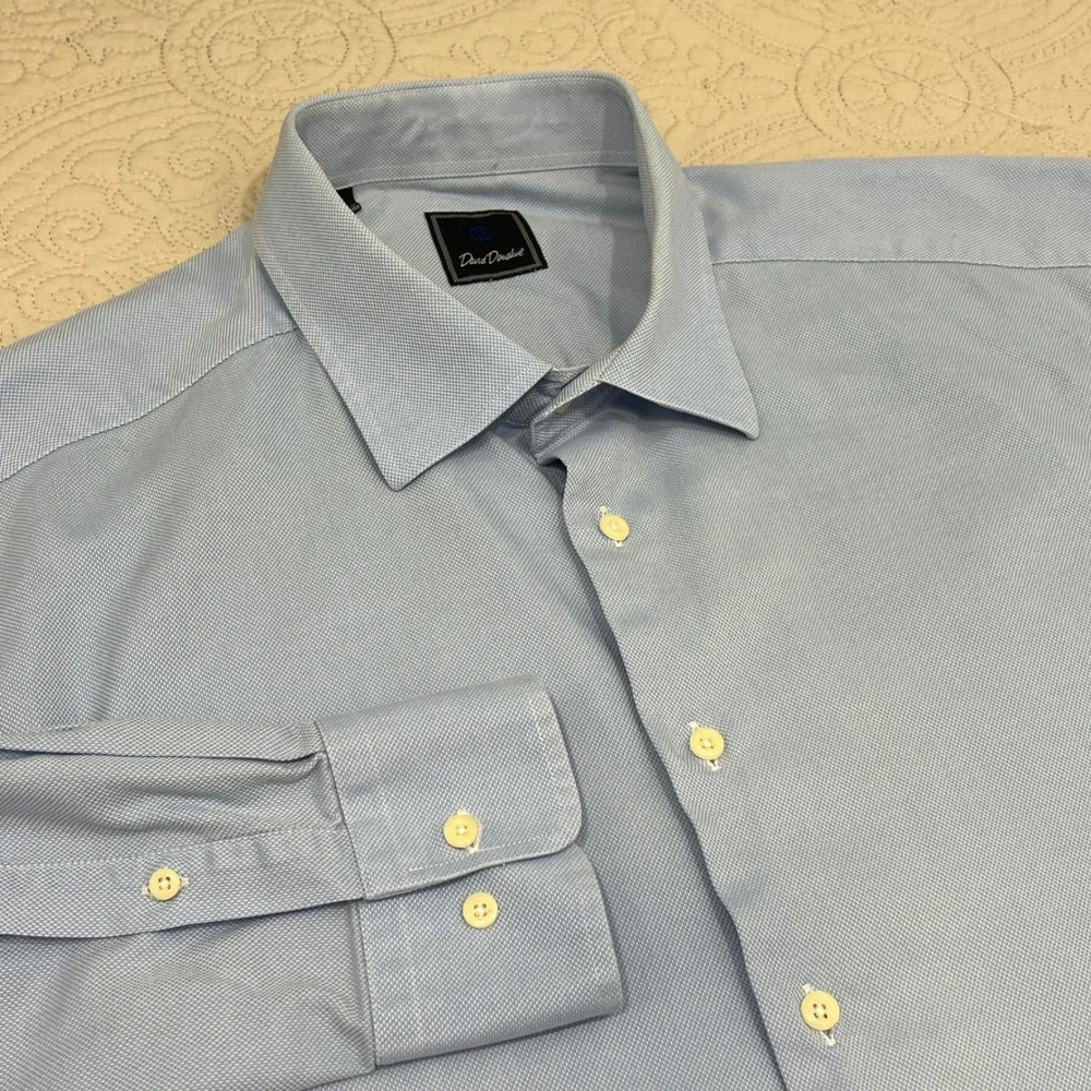 David‎ Donahue Mens Light Blue 100% Cotton Dress Shirt 18.5 34/35 Micro Pattern